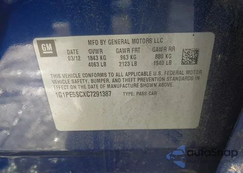 2012 Chevrolet Cruze Lt z USA, uszkodzony, nr VIN 1G1PE5SCXC7291387